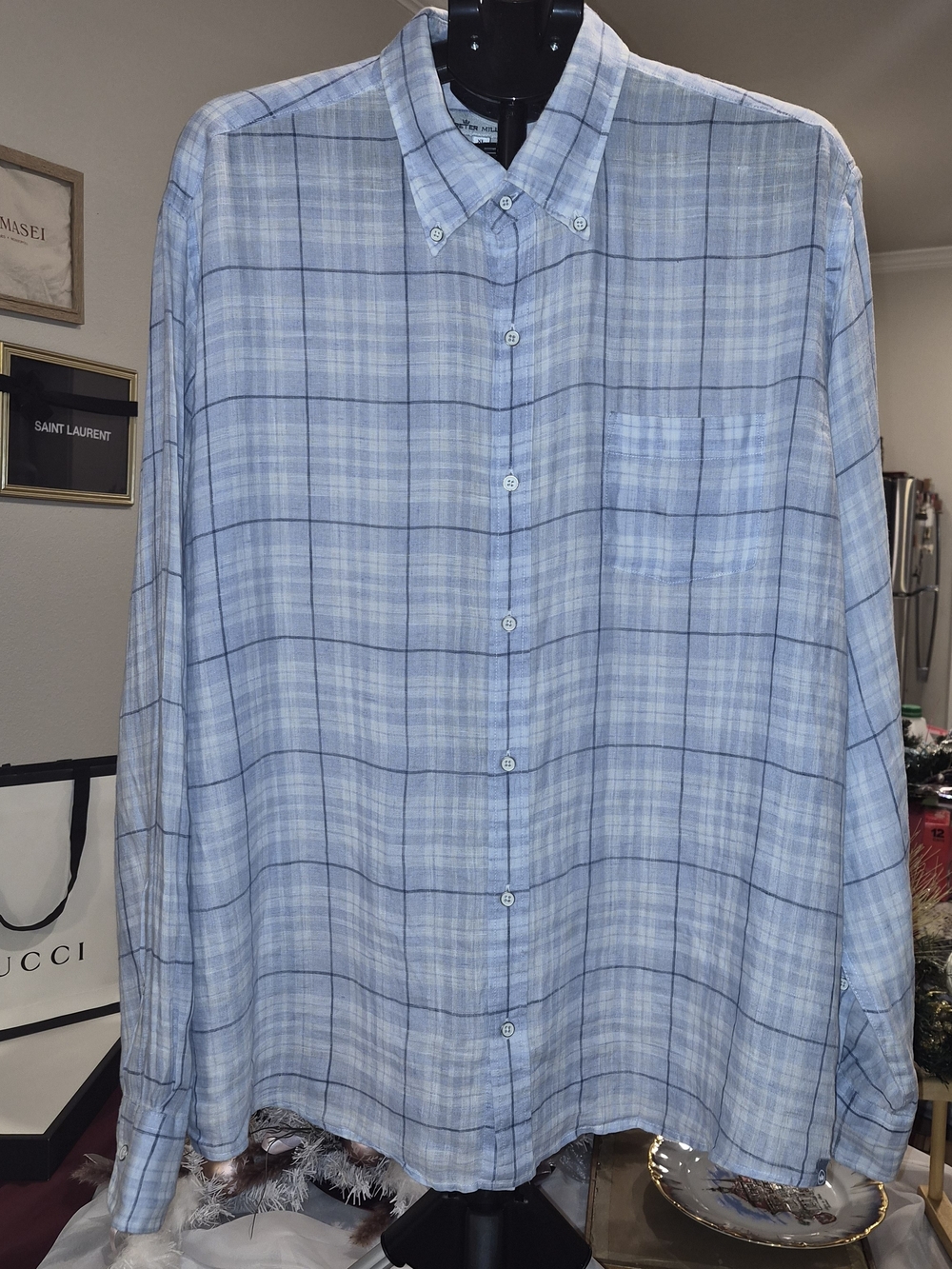 Peter Millar Blue White Navy Plaid Checked Mens Linen Long Sleeve Shirt XL